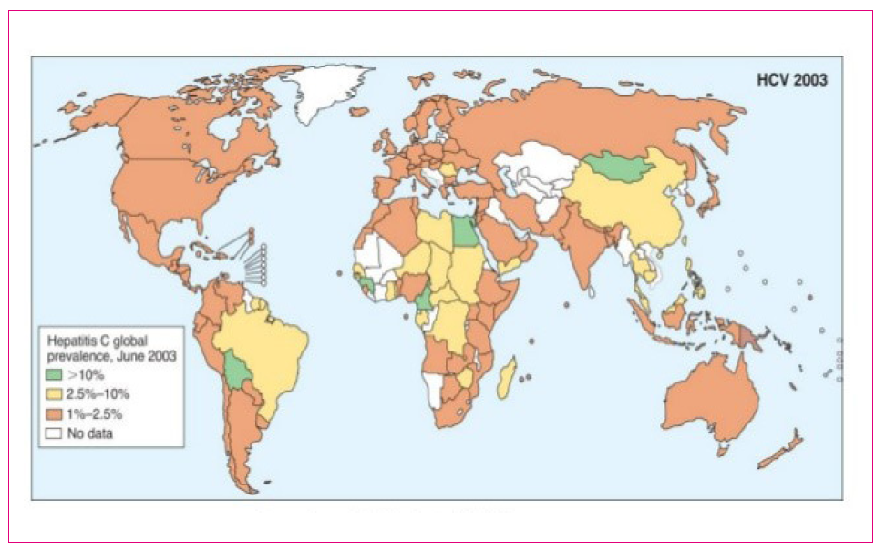 Figura 1. Mapa mundial de prevalencias del virus de la hepatitis C de la Organización Mundial de la Salud (basado en datos de 2003).