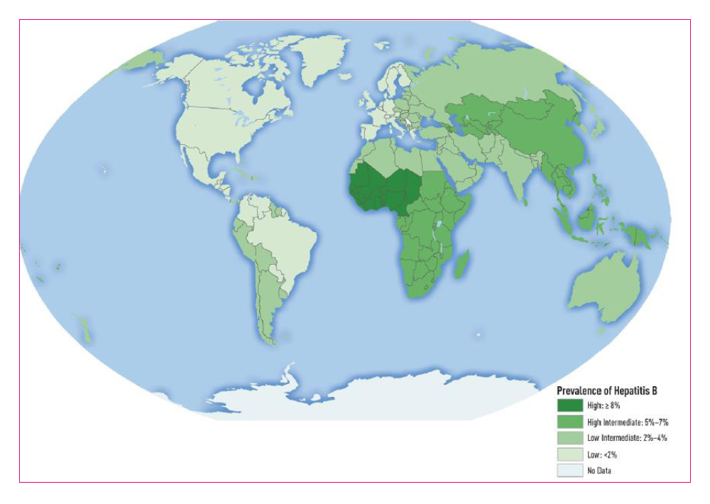 Figura 1. Mapa de la prevalencia de la infección crónica por virus de la hepatitis B en el mundo.