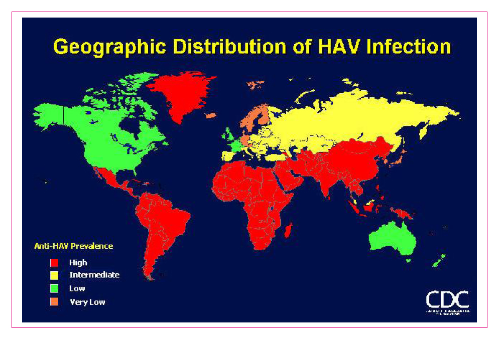 Figura 2. Mapa de distribución de la infección por el virus de la hepatitis A. Fuente CDC.