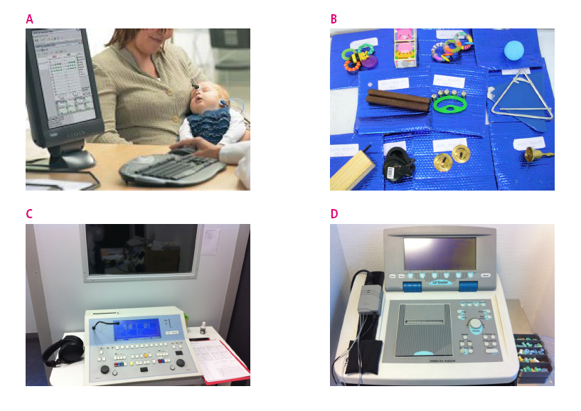 Principales aparatos disponibles para la evaluación auditiva. A: potenciales evocados auditivos; B: juguetes sonoros; C: audiómetro; D: impedancímetro.