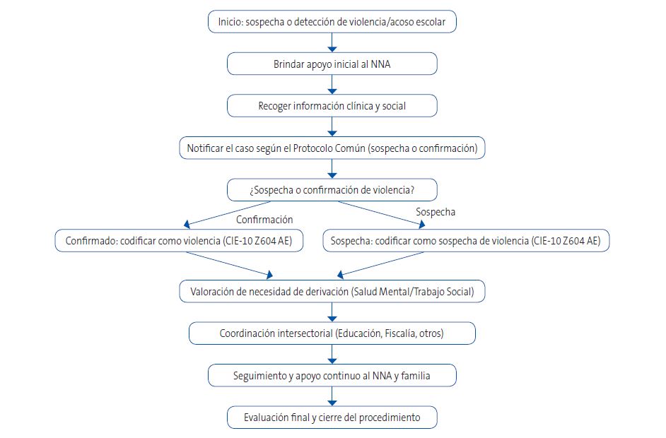Figura 1. Algoritmo de actuación sanitaria ante la sospecha o confirmación de acoso escolar en Pediatría de Atención Primaria. Incluye las fases de apoyo inicial, recogida de información, codificación, notificación, derivación y seguimiento.